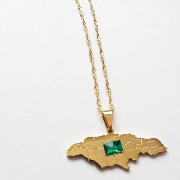 Jamaica Map Pendant Necklace Gold Tone with Green Stone - Picture 5 of 7